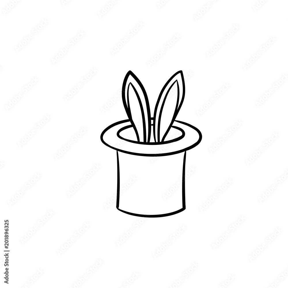 Magician hat with rabbit hand drawn outline doodle icon. Rabbit ears hidden in a magician hat vector sketch illustration for print, web, mobile and infographics isolated on white background. Magician hat with rabbit hand drawn outline doodle icon. Rabbit ears hidden in a magician hat vector sketch illustration for print, web, mobile and infographics isolated on white background.