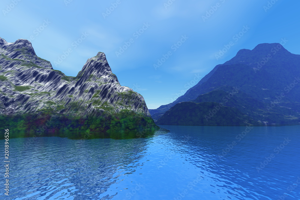 River, a tropical landscape, mountains with rocks and grass, reflection on the blue waters and a cloudy sky