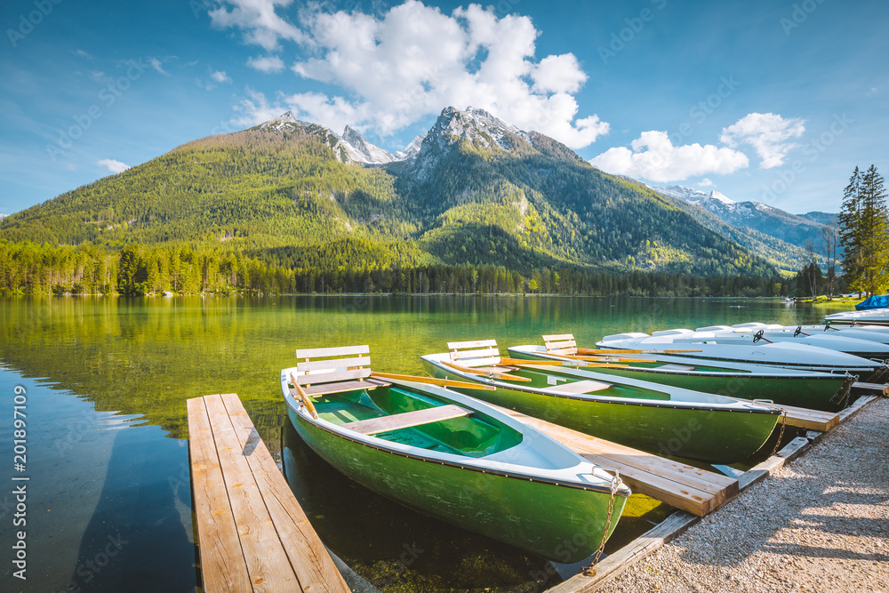 Boats at Lake Hintersee in summer, Bavaria, Germany