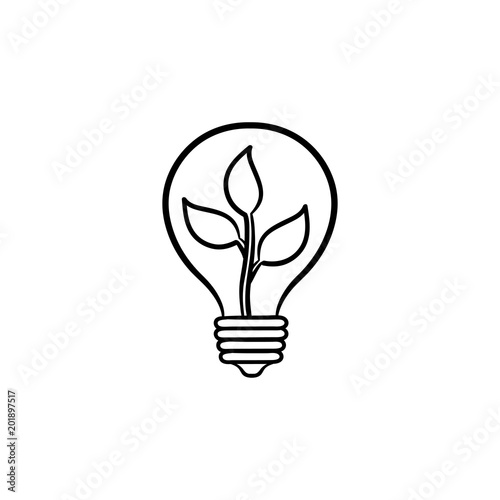 Ecology energy hand drawn vector icon. Outline doodle icon of a light bulb with plant. Sketch illustration for print, web, mobile and infographics isolated on white background.