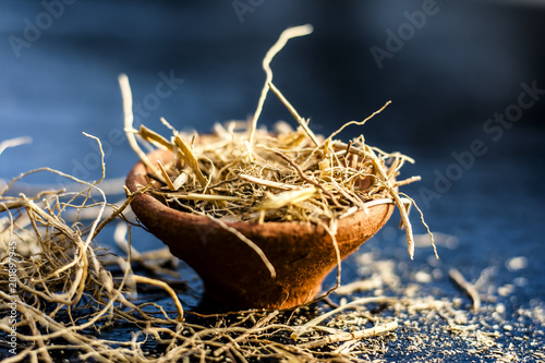 Dried vetiver grass or khus or Chrysopogon zizanioides grass in a clay bowl on wooden surface. photo