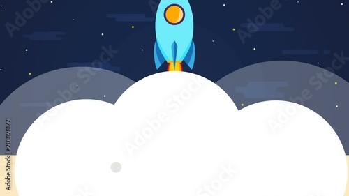 Concept intro for business startup. Hand clicks button Start on tablet and rocket launch with smoke. Template for you logo in flat style. Modern animation. 4K