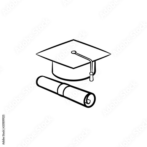 Cap of graduate and certificate degree hand drawn outline doodle icon. Vector sketch icon of graduation cap and degree certificate for print, web, mobile and infographics isolated on white background.