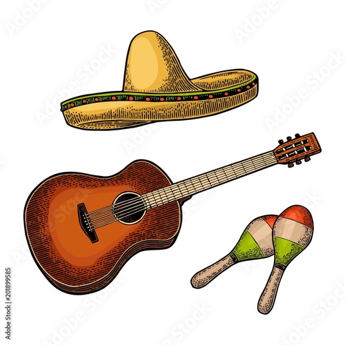 Set for poster mexican carnival. Guitar, maracas and sombrero.