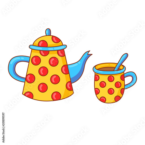 Tea pot and tea cup with spoon vector set