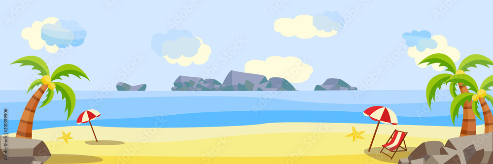 Vector flat seaside coastline natural landscape. Tropical beach party poster, banner background template. Illustration with sea, ocean cloud sky sand lounger sun umbrella palm vacation travel holiday
