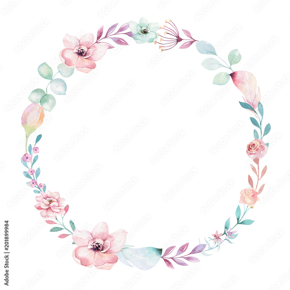 Watercolor boho floral wreath. Bohemian natural frame: leaves, feathers, flowers, Isolated on white background. Artistic decoration illustration. Save the date, weddign design, valentine's day