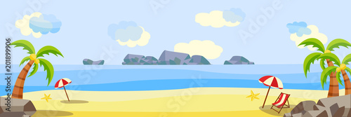 Vector flat seaside coastline natural landscape. Tropical beach party poster, banner background template. Illustration with sea, ocean cloud sky sand lounger sun umbrella palm vacation travel holiday