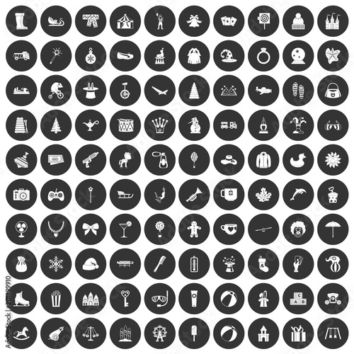 100 children icons set in simple style white on black circle color isolated on white background vector illustration