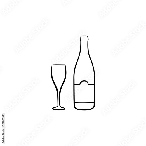 Wine bottle hand drawn outline doodle icon. Vector sketch illustration of bottle and glass of wine for print, web, mobile and infographics isolated on white background.