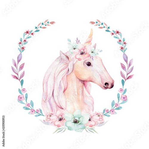 Isolated cute watercolor unicorn clipart with flowers. Nursery unicorns illustration. Princess rainbow poster. Trendy pink cartoon pony horse.