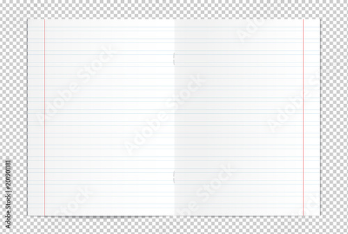 Vector illustration of realistic blank writing practice copybook spread isolated on transparent background. Lined pages for handwriting and lettering used in elementary school