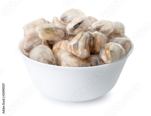 Bowl with frozen cooked mussel meat