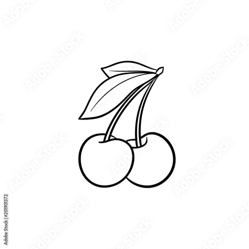 Cherry hand drawn outline doodle icon. Vector sketch illustration of healthy berry - fresh raw cherry on a branch with a leaf for print, web, mobile and infographics isolated on white background.