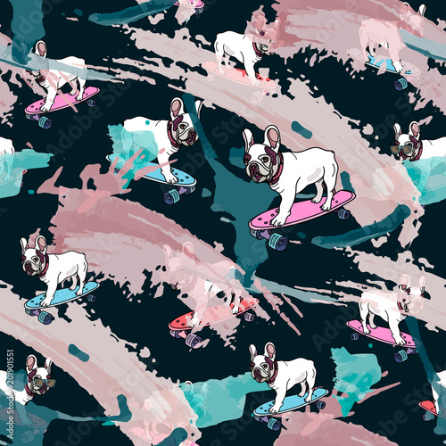 French Bulldog on skateboard and smears seamless pattern.