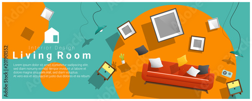 Horizontal interior banner sale with living room furniture hovering on colorful background , vector , illustration