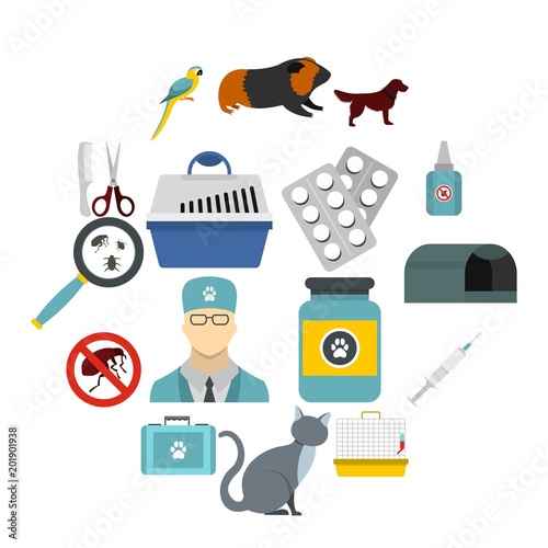 Flat veterinary icons set. Universal veterinary icons to use for web and mobile UI, set of basic veterinary elements isolated vector illustration