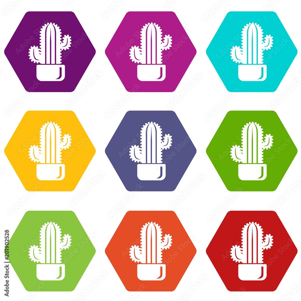 Cylindrical cactus icons 9 set coloful isolated on white for web Cylindrical cactus icons 9 set coloful isolated on white for web