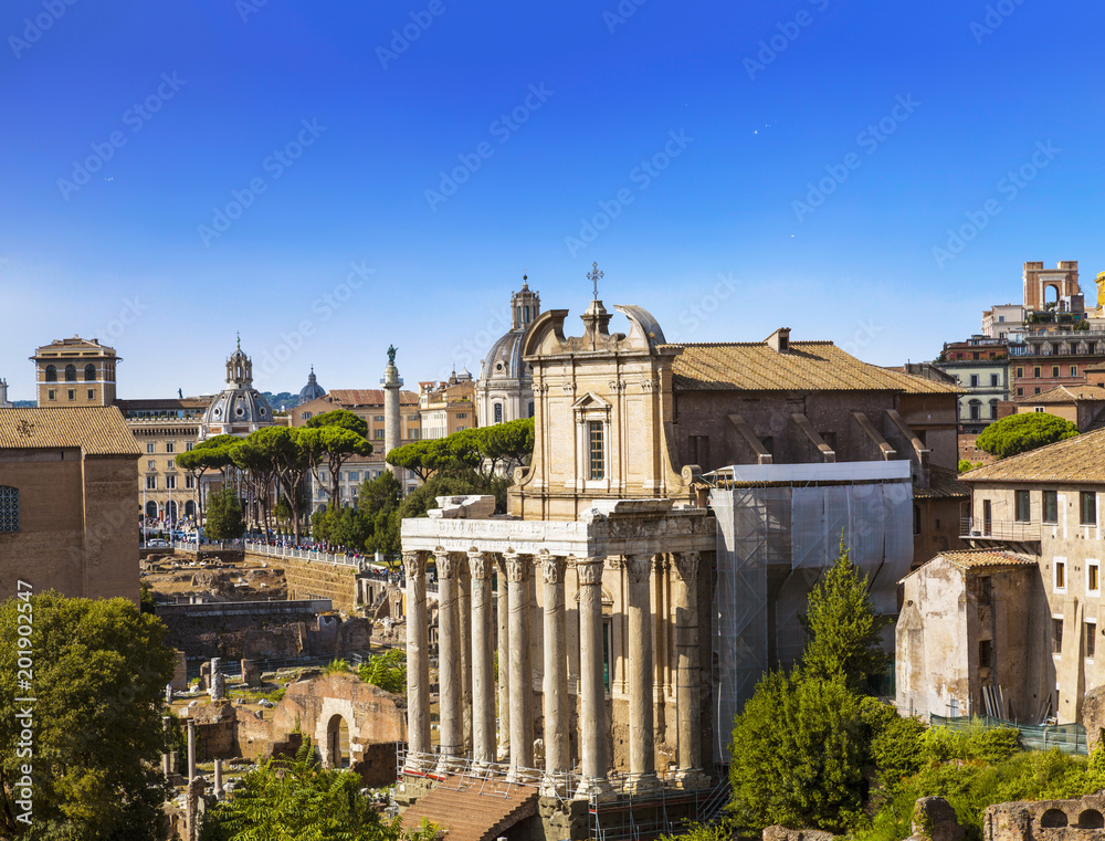 View of the Roman Forum. Church of Anthony and Faustina. Rome, Italy