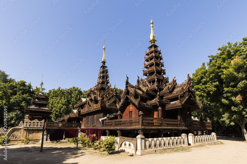 Wooden temple with beautiful carvings in Bagan, Myanmar Wooden temple with beautiful carvings in Bagan, Myanmar