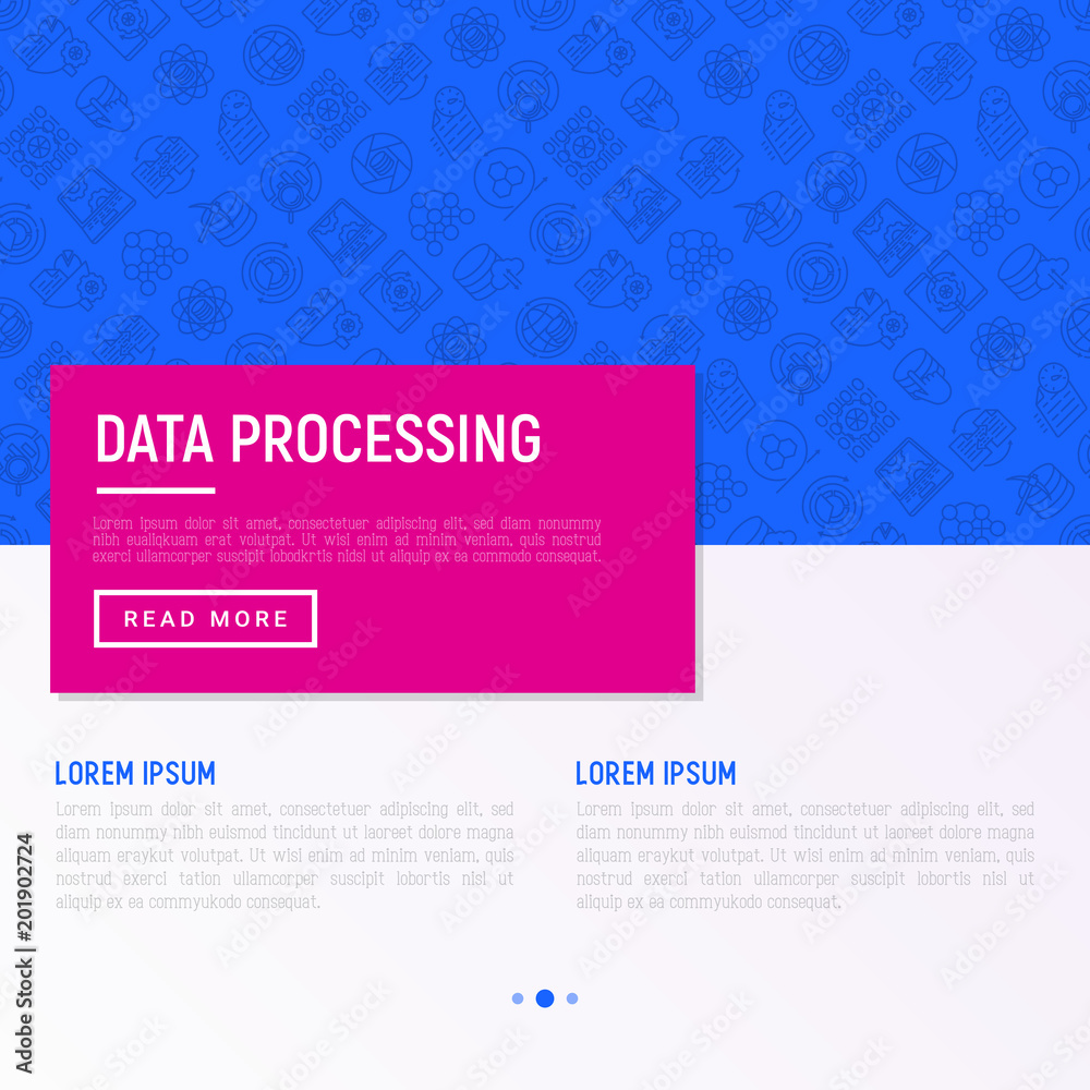 Data processing concept with thin line icons: data science, filtering, deep learning, mobile syncing, big data, modeling API, usage, tracking, cloud database. Modern vector illustration. Data processing concept with thin line icons: data science, filtering, deep learning, mobile syncing, big data, modeling API, usage, tracking, cloud database. Modern vector illustration.