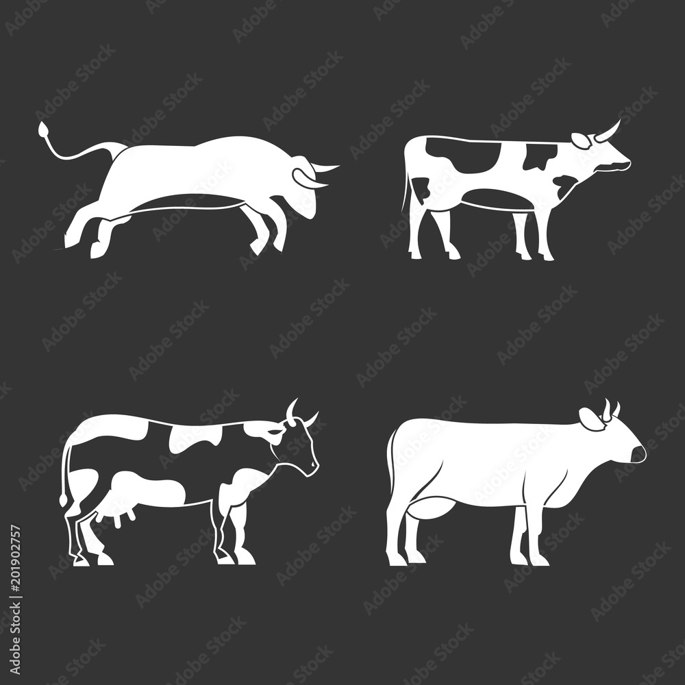 Bull, cow icon set vector white isolated on grey background 