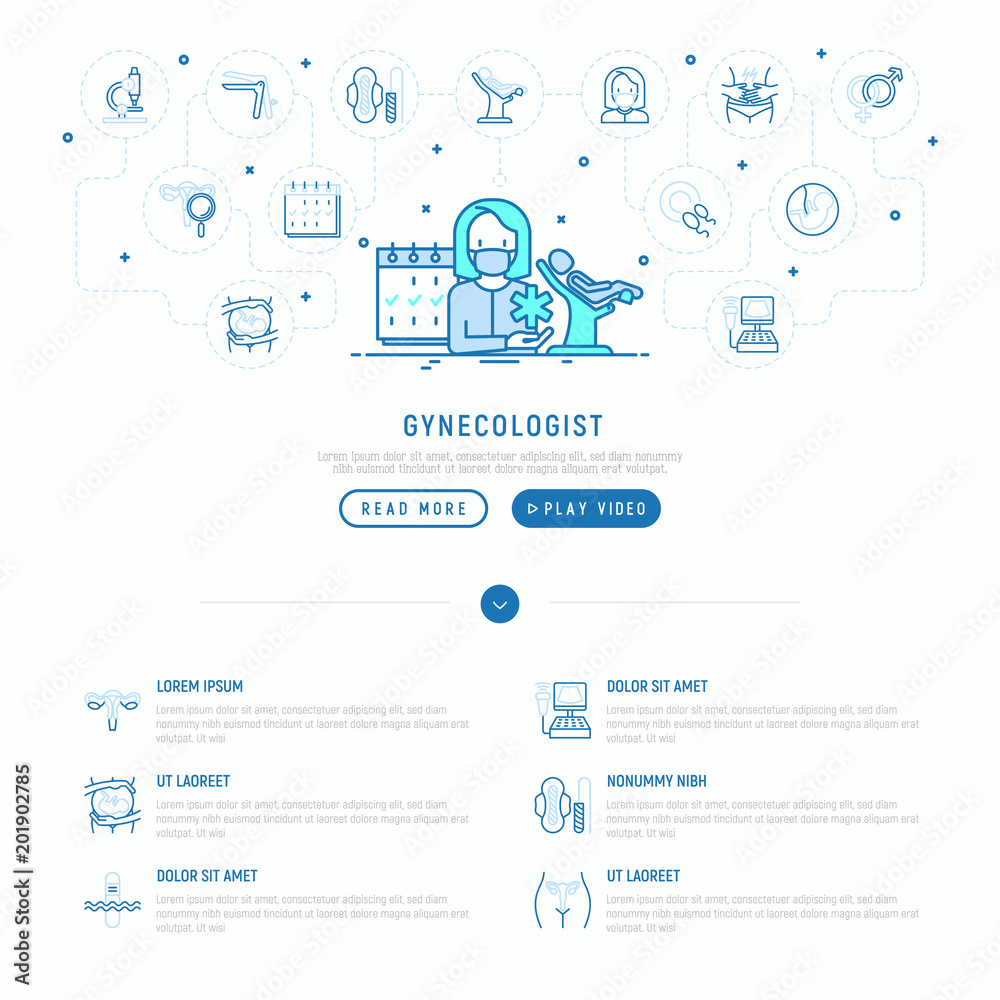 Gynecologist concept with thin line icons: uterus, ovaries, gynecological chair, pregnancy, ultrasound, embryo, menstruation, ovulation. Modern vector illustration, web page template. Gynecologist concept with thin line icons: uterus, ovaries, gynecological chair, pregnancy, ultrasound, embryo, menstruation, ovulation. Modern vector illustration, web page template.