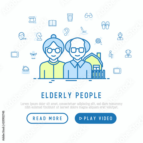 Elderly people concept with thin line icons: grandmother, grandfather, glasses, slippers, knitting, rocking chair, hearing aid, flowers. Modern vector illustration, web page template.