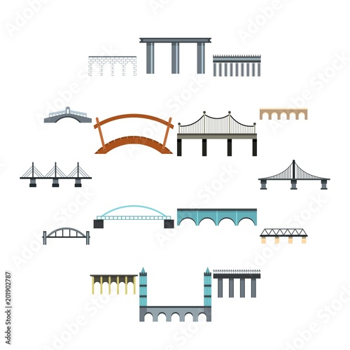 Flat bridge icons set. Universal bridge icons to use for web and mobile UI, set of basic bridge elements isolated vector illustration