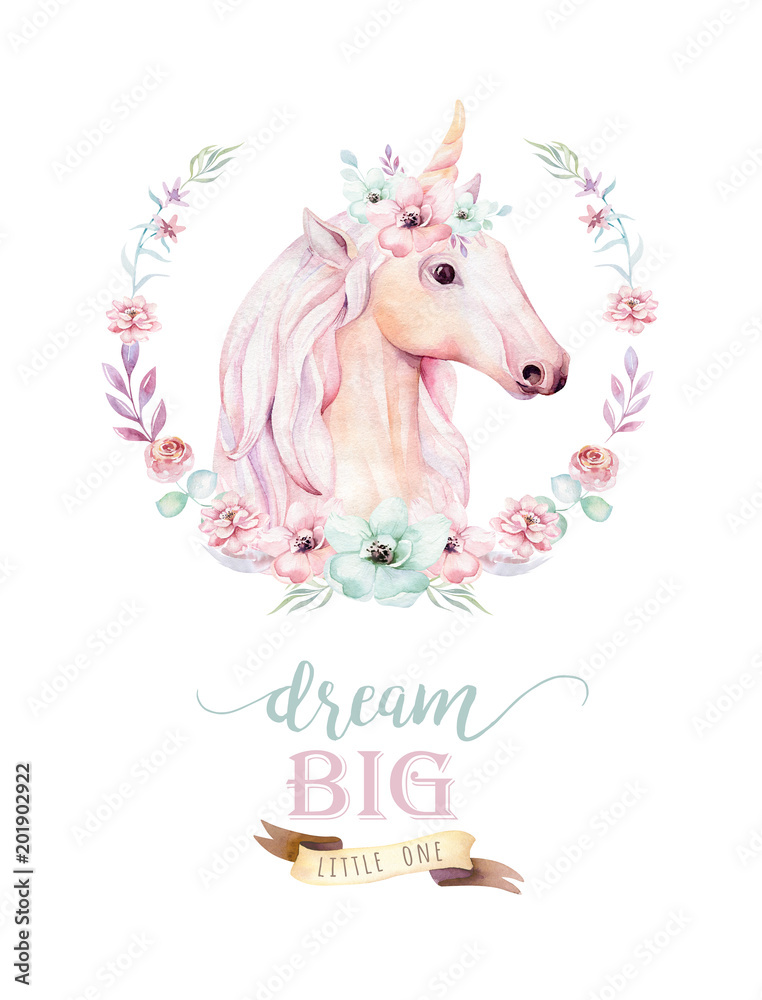 Isolated cute watercolor unicorn clipart with flowers. Nursery unicorns ...