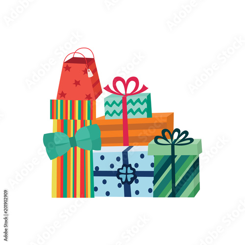 Present box with bright wrapping ribbon bow pile, heap. Birthday party, anniversary celebration, new year christmas, valentine day xmas holiday invatation greeting card design vector illustration
