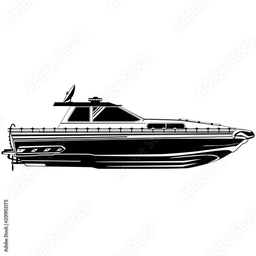 Motorboat, fishing motor boat vector black template