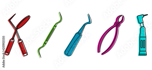 Stomatology tool icon set. Color outline set of stomatology tool vector icons for web design isolated on white background