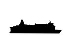 Silhouette of a black cruise ship on a white background. 