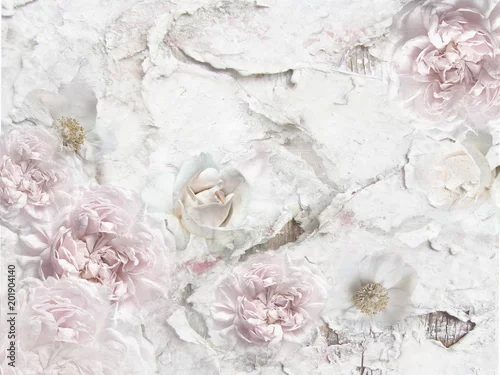 Obraz piwonie i róże na popękanej ścianie