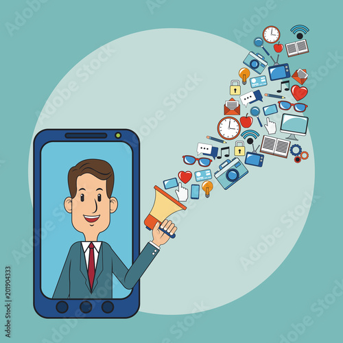 Businessman using smartphone for digital marketing vector illustration graphic design