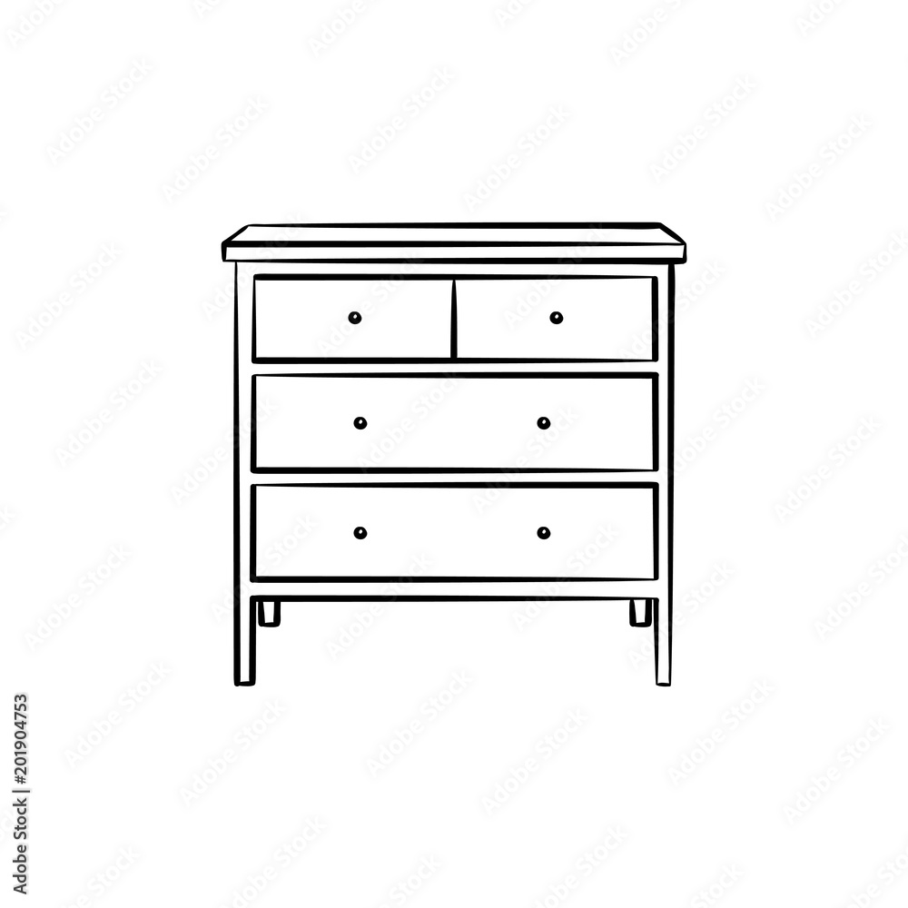 Chest of drawer hand drawn outline doodle icon. Chest of drawer with shelves for clothing vector sketch illustration for print, web, mobile and infographics isolated on white background. Chest of drawer hand drawn outline doodle icon. Chest of drawer with shelves for clothing vector sketch illustration for print, web, mobile and infographics isolated on white background.