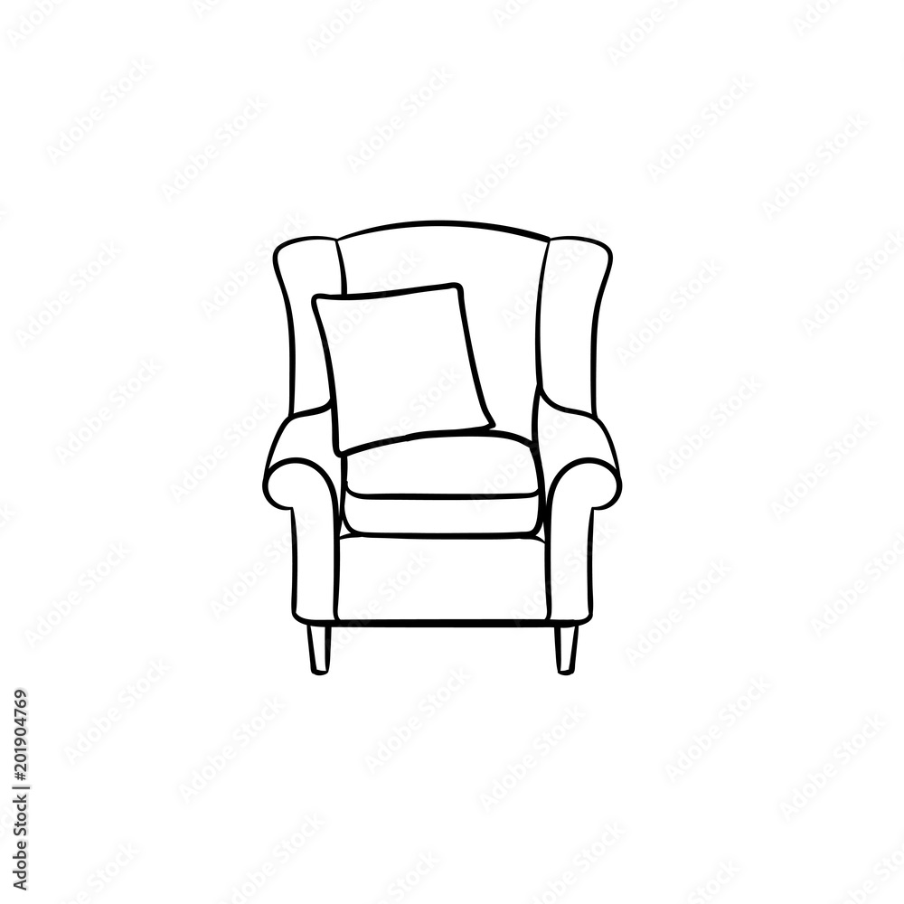 Armchair hand drawn outline doodle icon. Soft armchair with cushion vector sketch illustration for print, web, mobile and infographics isolated on white background. Armchair hand drawn outline doodle icon. Soft armchair with cushion vector sketch illustration for print, web, mobile and infographics isolated on white background.