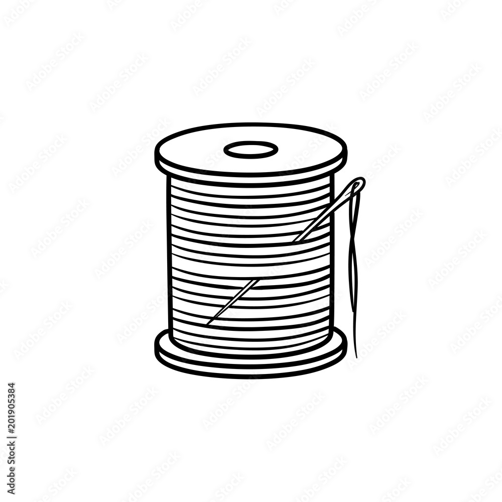 Thread spool with needle hand drawn outline doodle icon. Cotton thread ...
