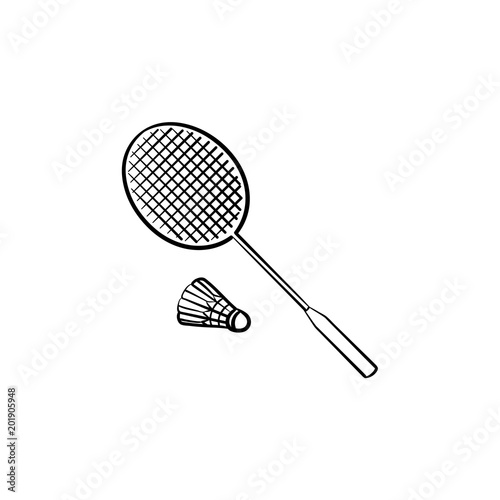 Badminton racquet and shuttlecock hand drawn outline doodle icon. Racquet and shuttlecock for badminton vector sketch illustration for print, web, mobile and infographics isolated on white background.