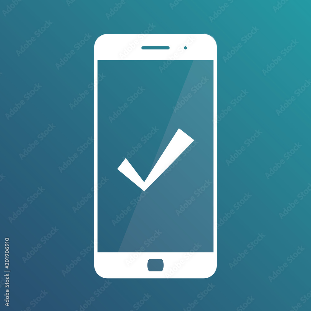 Mobile phone icon with check, approve, done or confirm sign. Vector icon. Isolated icon on gradient blue background Mobile phone icon with check, approve, done or confirm sign. Vector icon. Isolated icon on gradient blue background
