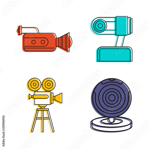 Videocamera icon set. Color outline set of videocamera vector icons for web design isolated on white background