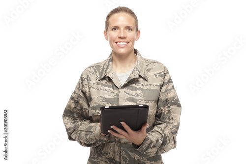 Tela Happy female airman with digital tablet