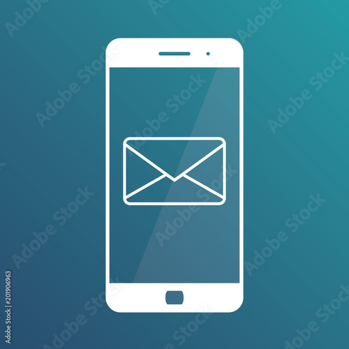 Notification of an incoming email to a smartphone. E-mailing, spam, e-commerce. Isolated icon on gradient blue background