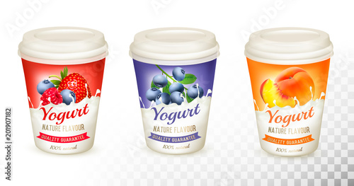 Set of yogurt with fruit and berries. Design template. Vector