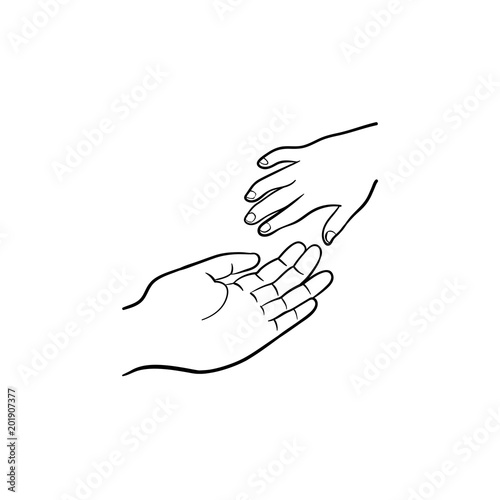 Hand of help hand drawn outline doodle icon. Child and adult hand vector sketch illustration for print, web, mobile and infographics isolated on white background.