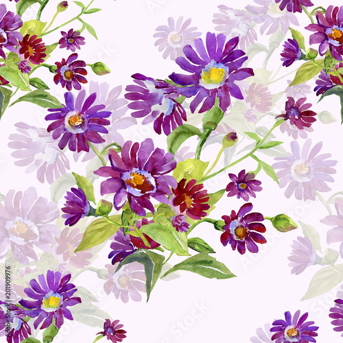 Bouquet from red flowers.Watercolor seamless pattern.
