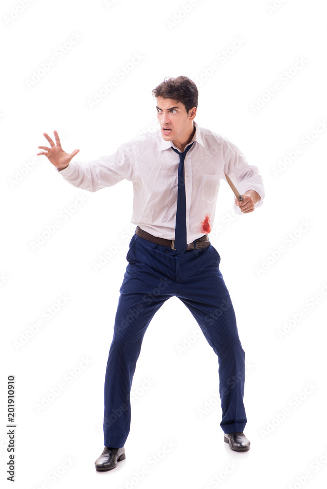 Wounded businessman with blood stains isolated on white backgrou Wounded businessman with blood stains isolated on white backgrou