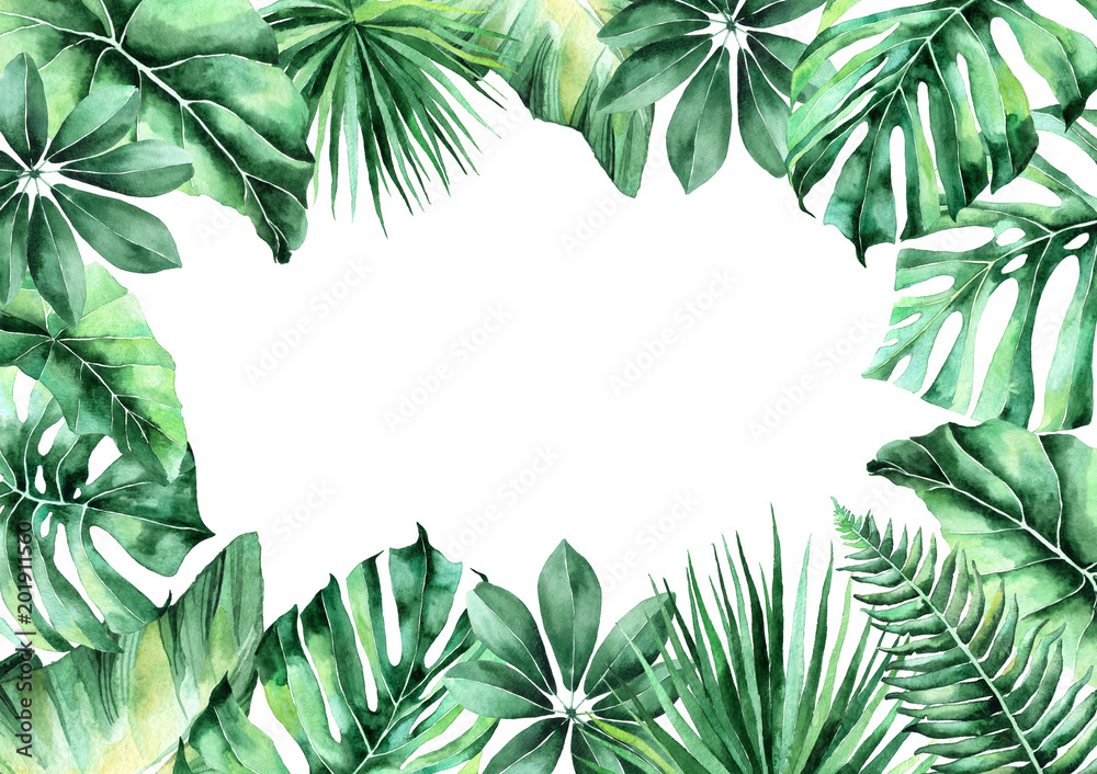 Fototapeta premium watercolor illustration of tropical leaves. frame of tropical leaves. invitation to the wedding