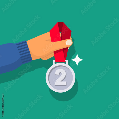 2nd place. Silver medal in the hand of athlete. Medal with ribbon. Sportsman winner is awarded prize. Vector illustration flat design style. Victory isolated on white background. Championship winner.